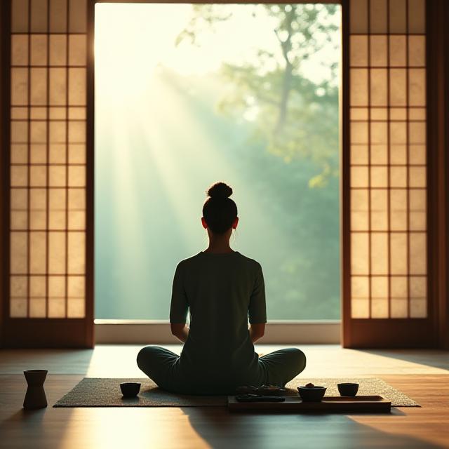 静かなスタジオで行われる伝統的な日本の茶道と瞑想の風景